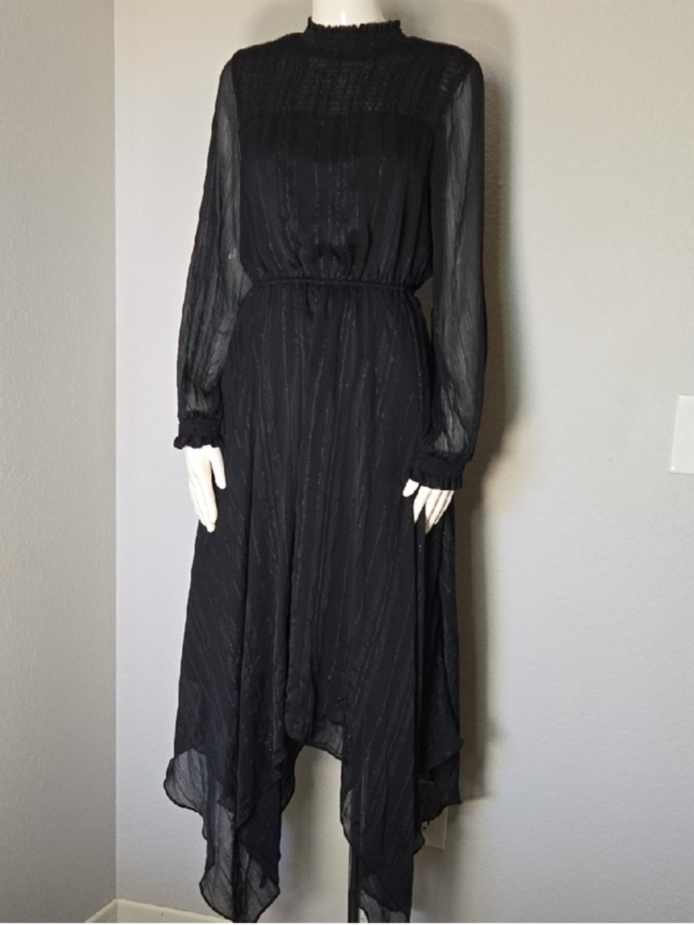 Nanette Lepore Sheer Long-Sleeve Handkerchief Hem Dress, Black w Silver, Sz 8